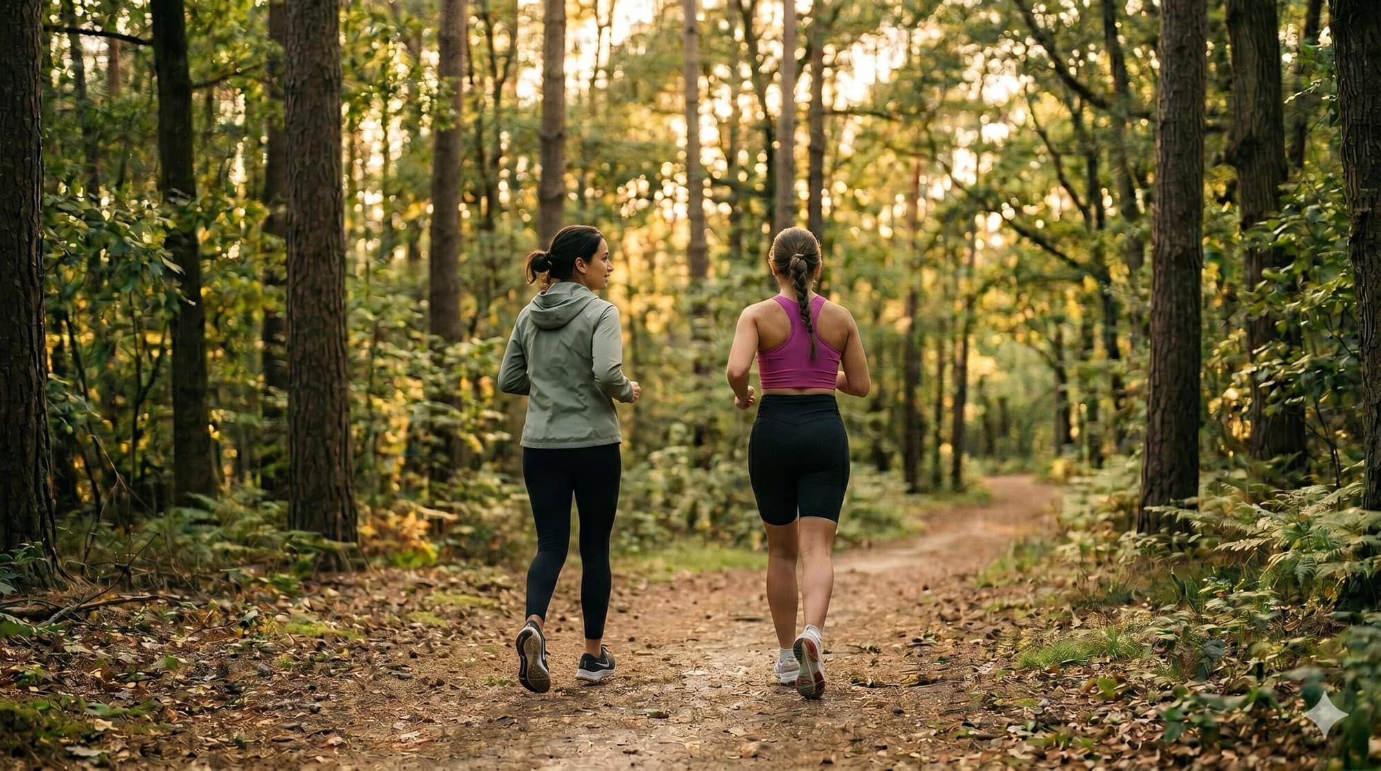 Deux femmes courant côte à côte sur un sentier forestier au lever du jour
